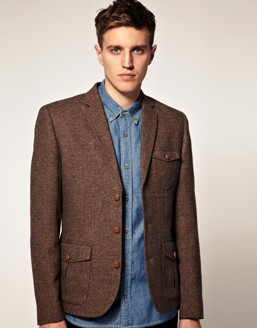 Acheter blazer tweed homme marron en ligne Col roulé porté avec une veste en tweed #look #mode #homme
